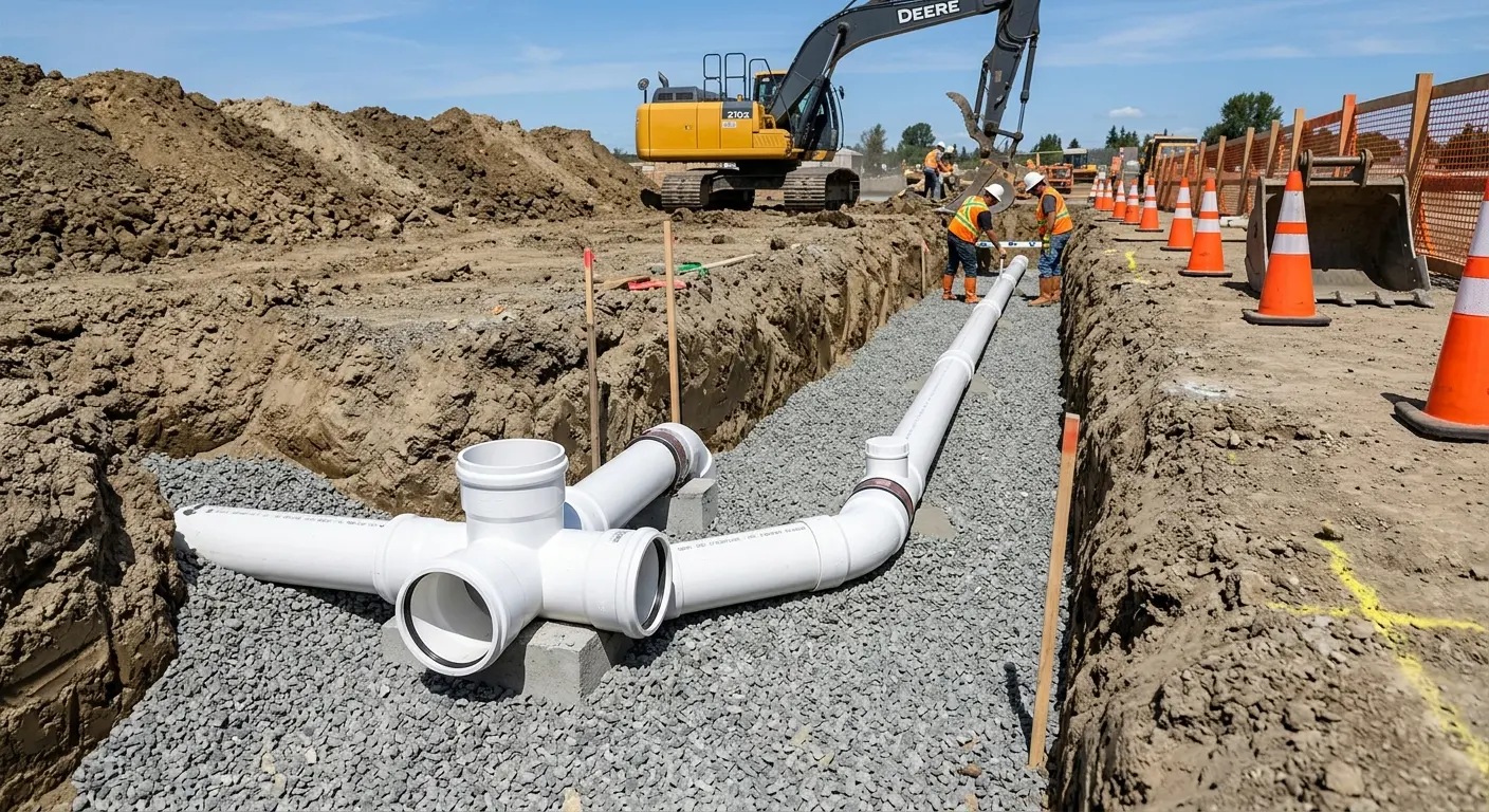 New PVC sewer pipe installation in open trench for Commercial Drain Cleaning in Omak