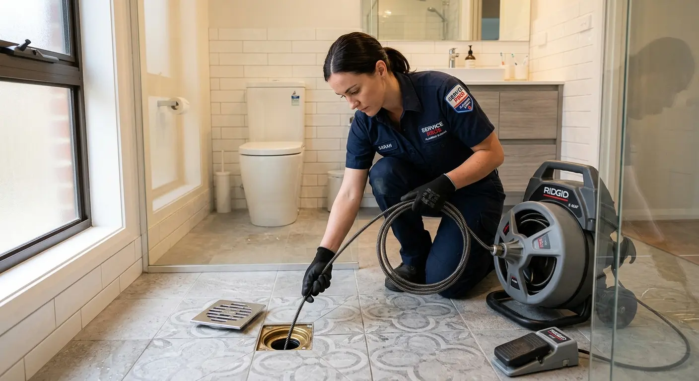 Technician clearing a bathroom floor drain for Drain Cleaning in Omak